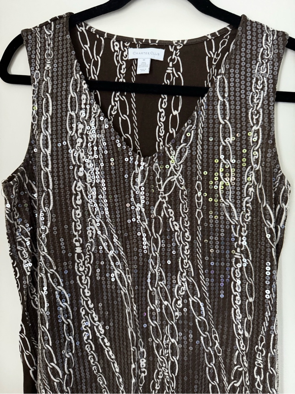 Charter Club Brown Sequin Chain-Print V-Neck Camisole